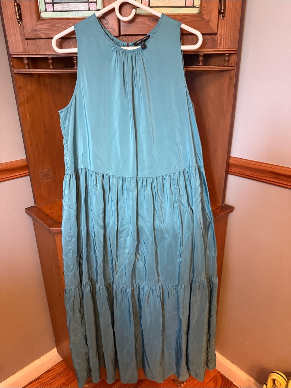 Eileen Fisher Washed Silk Tiered Midi Dress Teal River Blue Size M